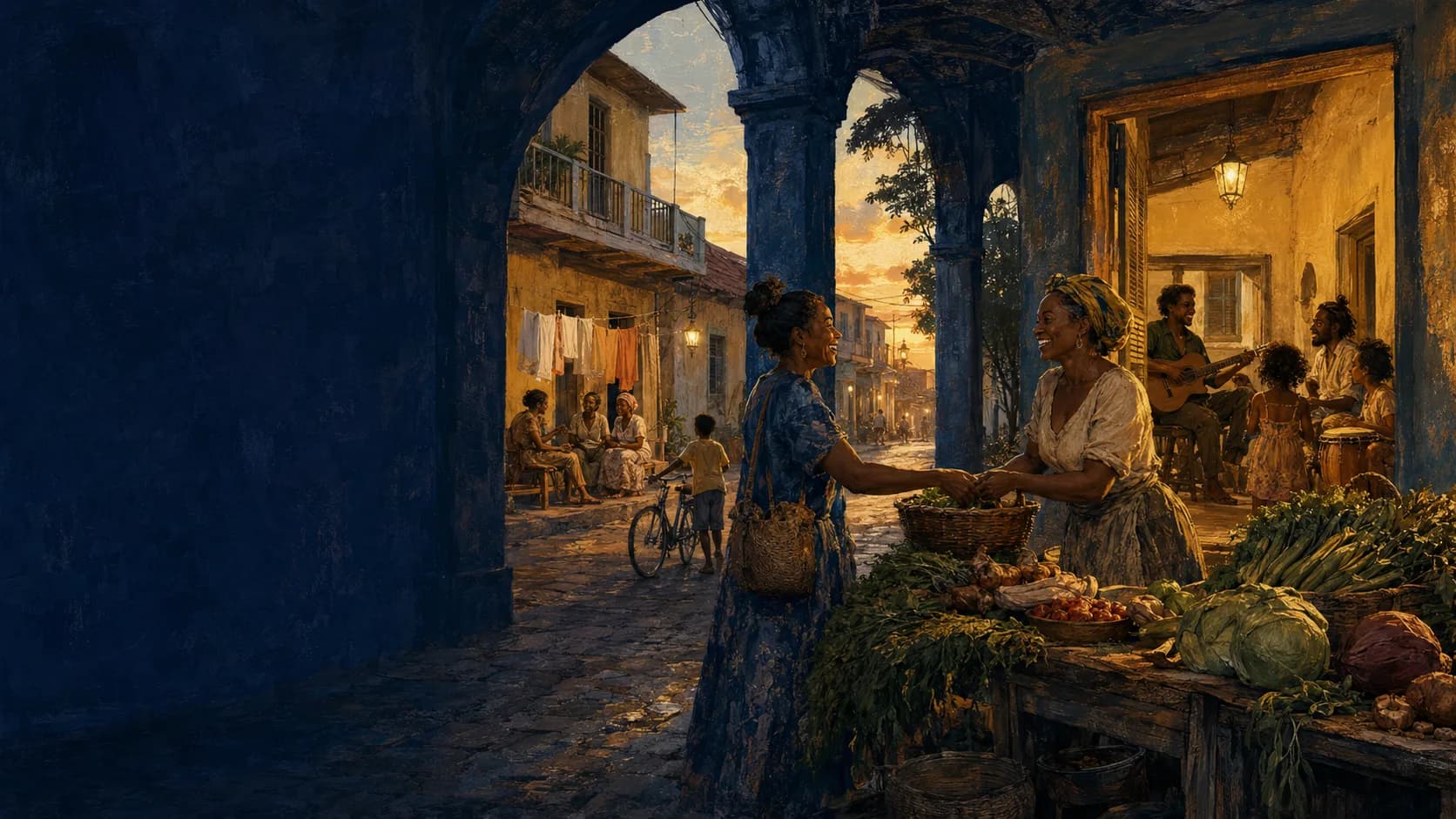 Photorealistic Caribbean evening market arcade scene with warm string lighting