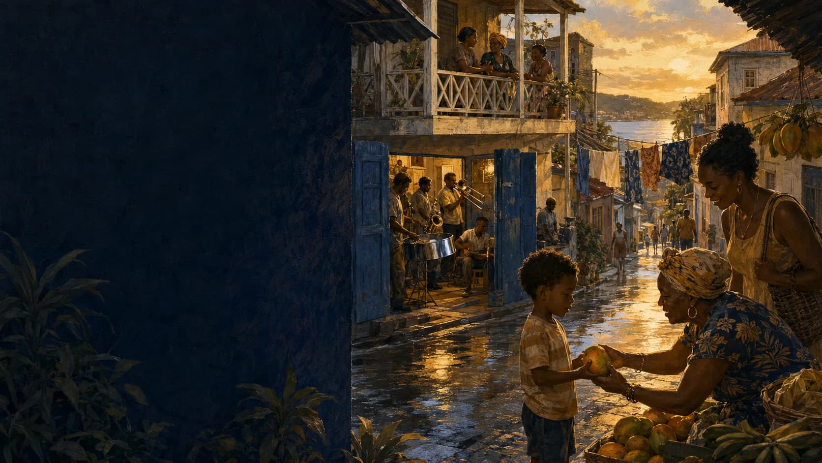 Painterly illustration of a Caribbean street scene with a mango vendor and music at golden hour, courtesy of LuxTuris Editorial