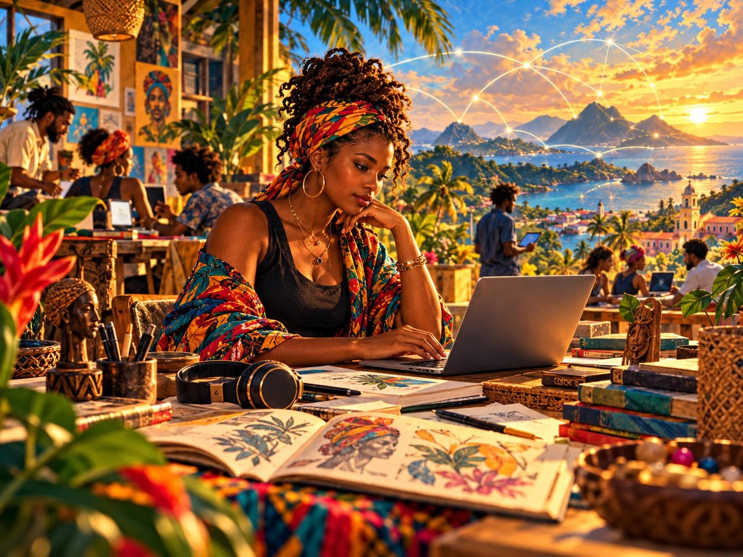 An editorial illustration of a Caribbean creative using a computer in a vibrant cultural workspace.