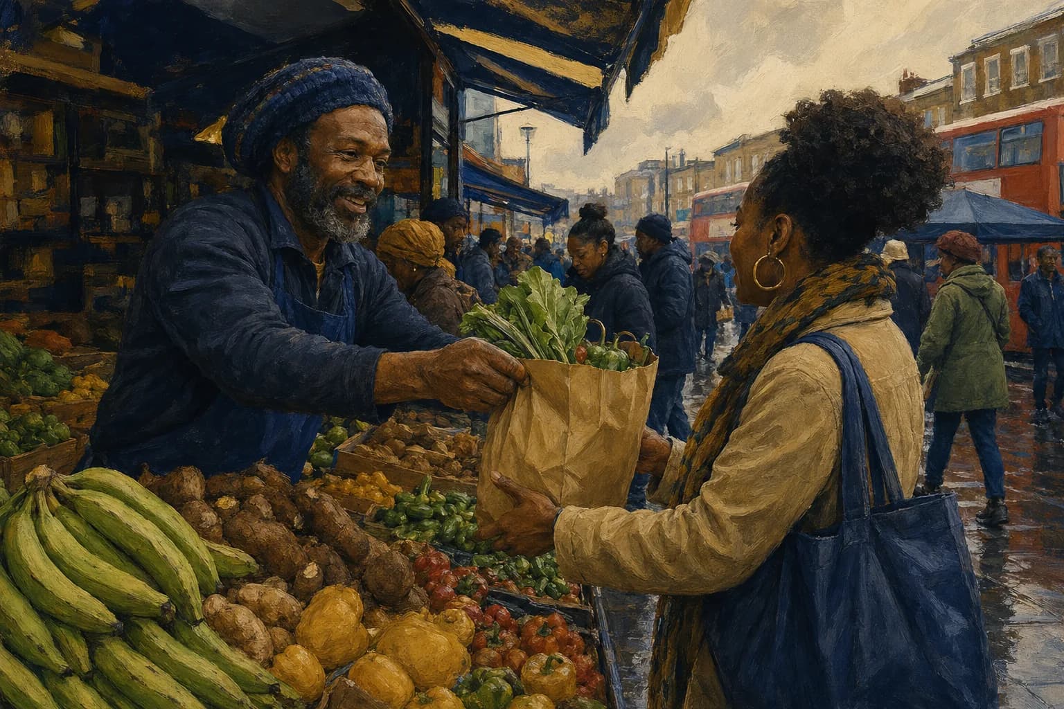 Premium photorealistic Brixton Market editorial scene with Caribbean grocers and warm London light
