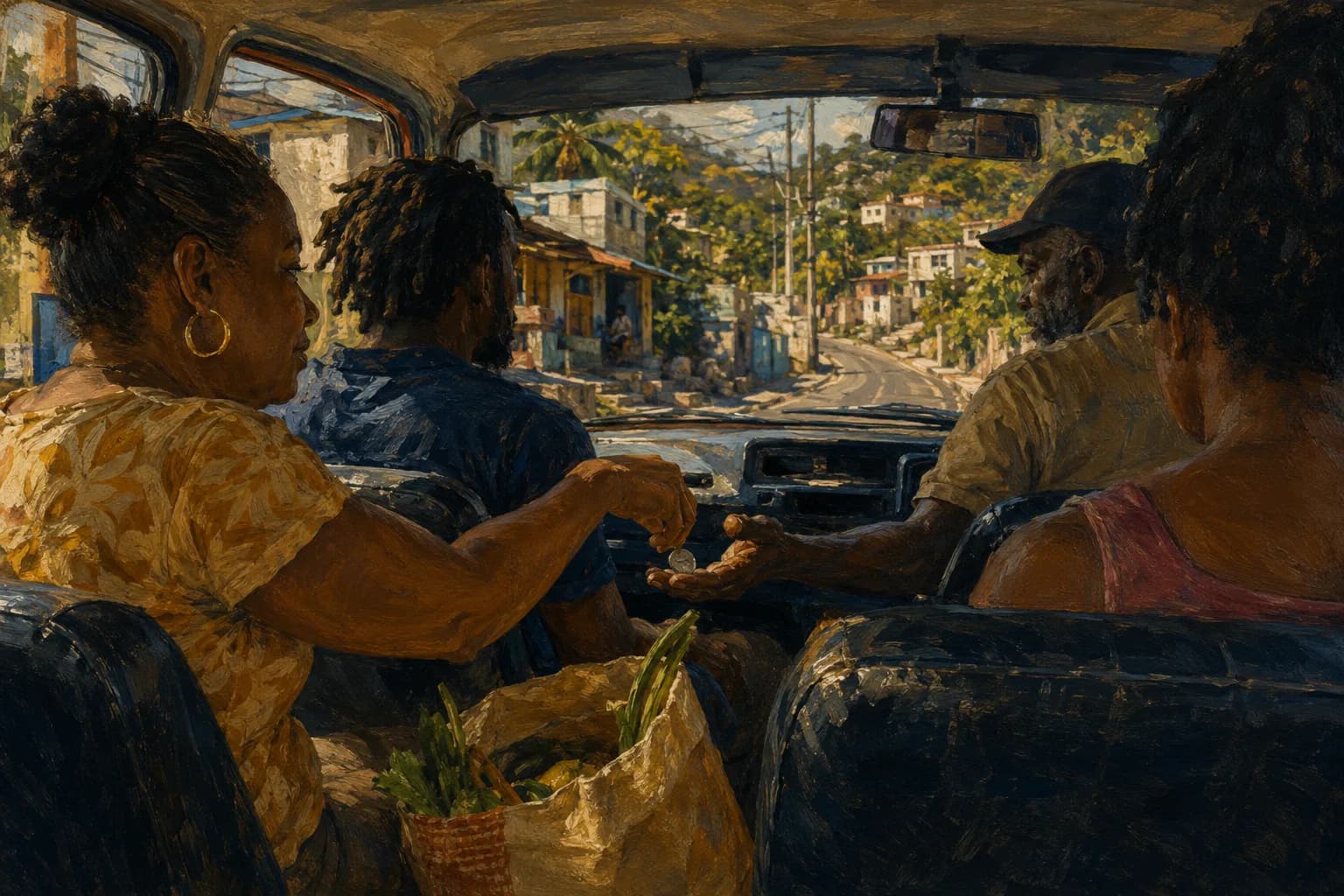 Premium photorealistic Jamaica travel editorial scene with coastline, town texture, and warm natural light