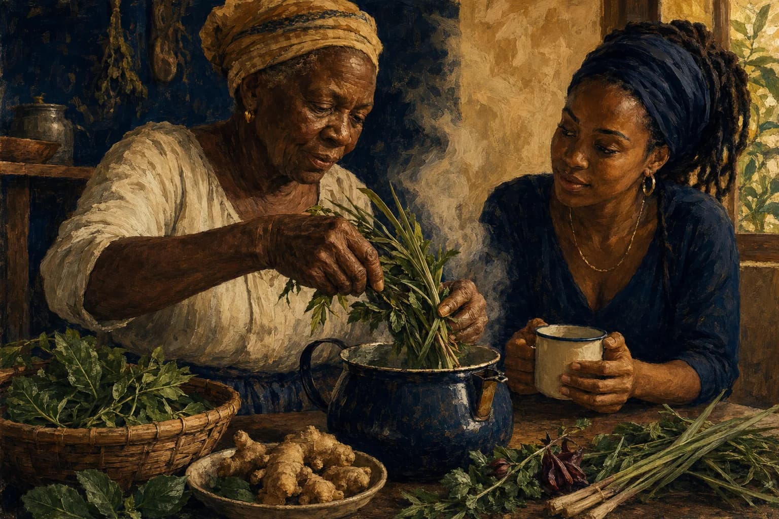 Premium photorealistic Caribbean herb table and bush tea scene with warm kitchen light and refined editorial texture