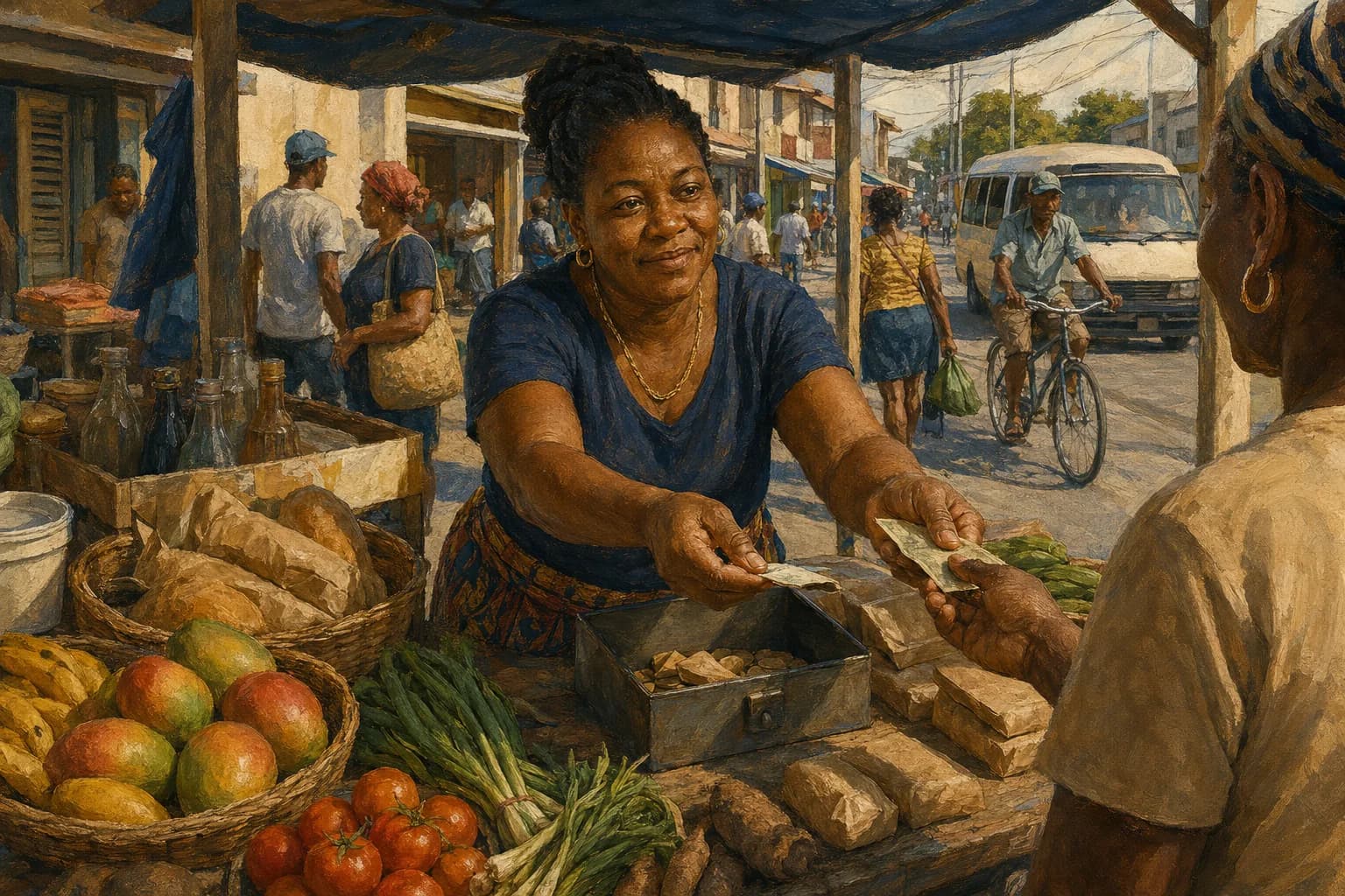 Premium photorealistic Caribbean vendor desk with notebooks, receipts, market texture, and warm editorial light