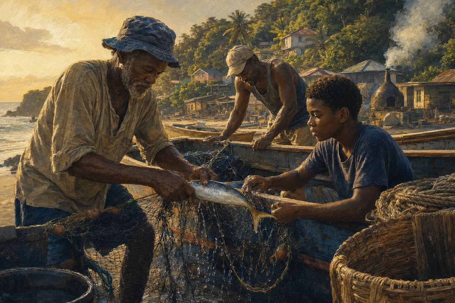 Premium photorealistic Tobago fishing village editorial scene with pirogues and warm coastal light