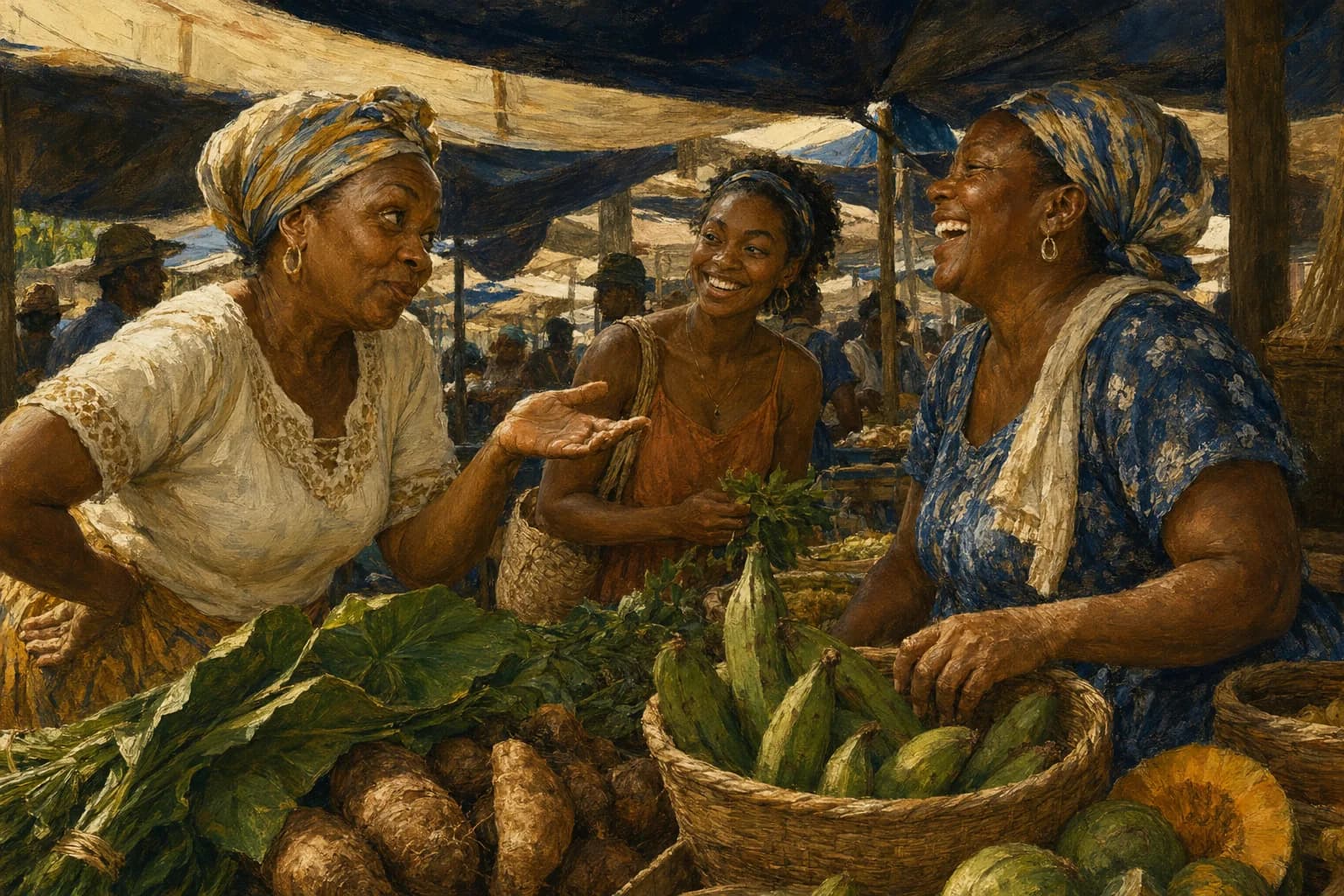 Premium photorealistic Caribbean language editorial scene with storytelling, notebooks, and warm natural light