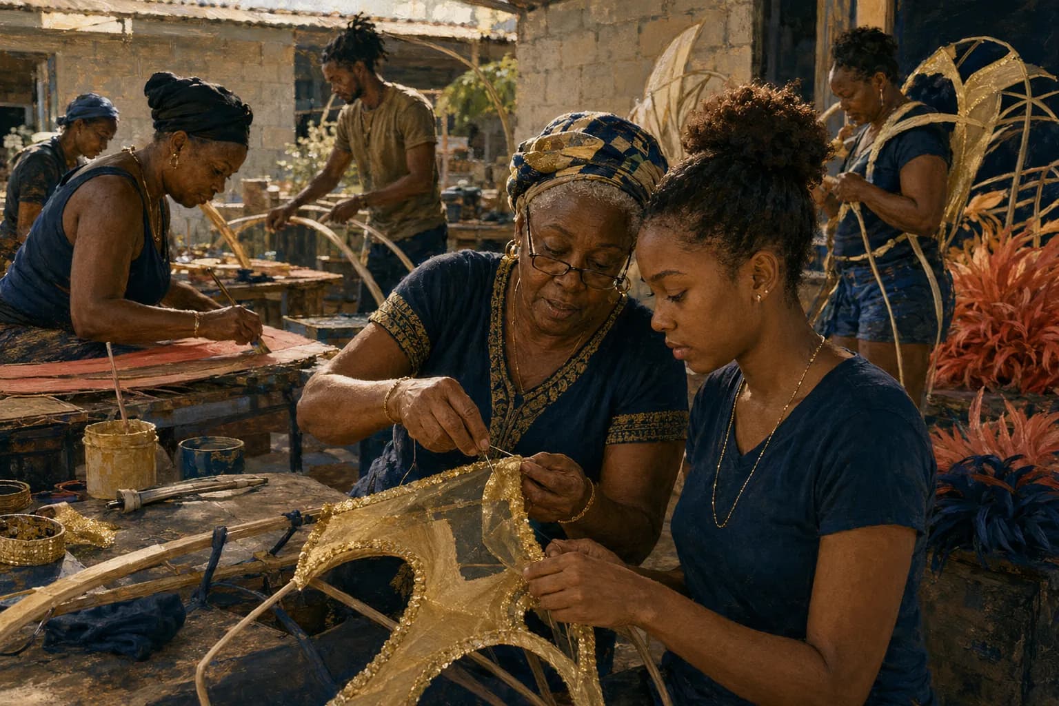 Premium photorealistic Barbados festival editorial scene with warm coastal light and carnival detail