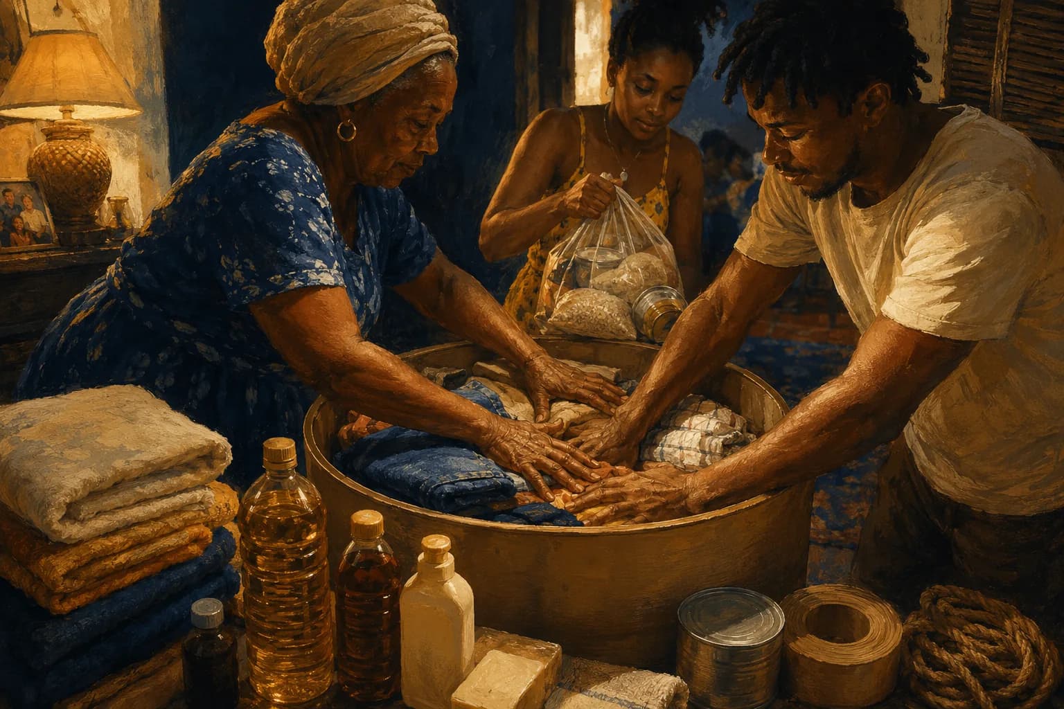 Premium photorealistic Caribbean diaspora home scene with family archive, city light, and island memory