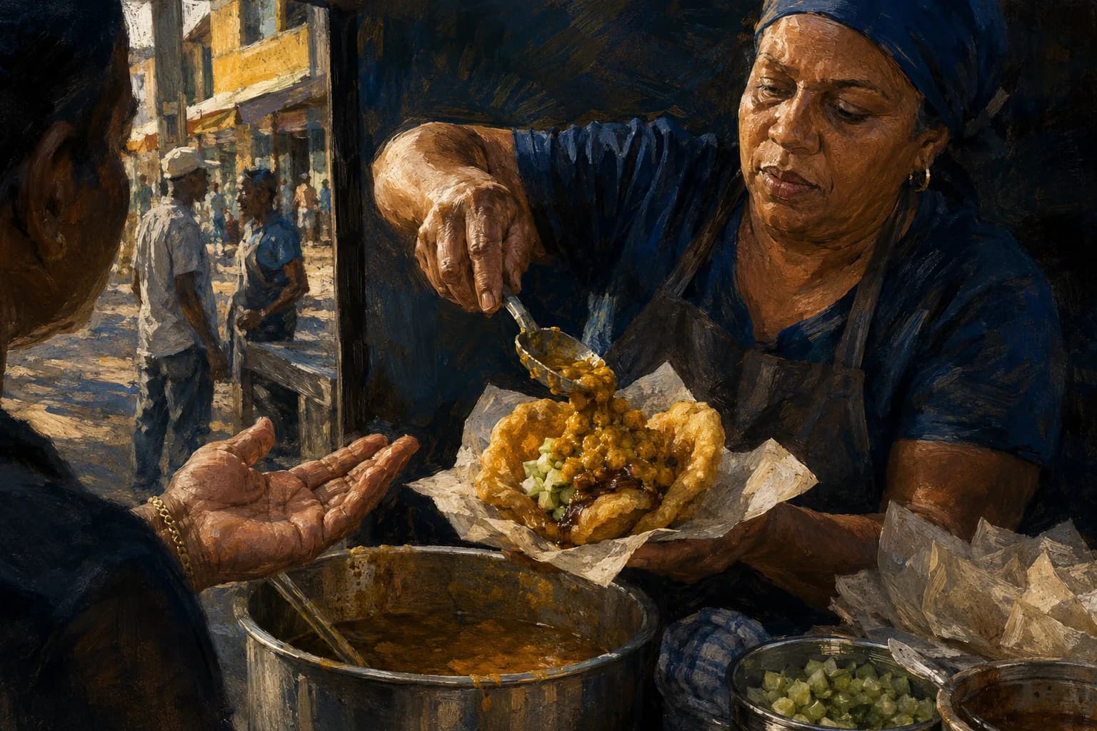 Premium photorealistic Trinidad doubles street food editorial scene with warm morning light