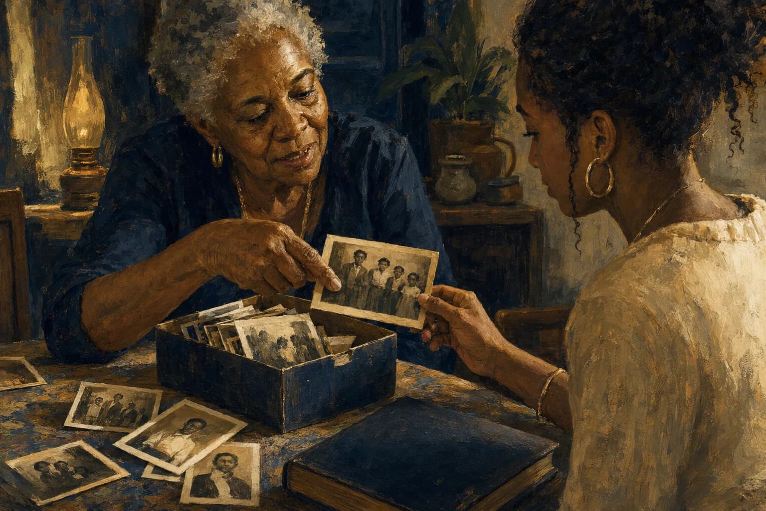 Premium photorealistic Caribbean family photo album editorial scene with warm archival light