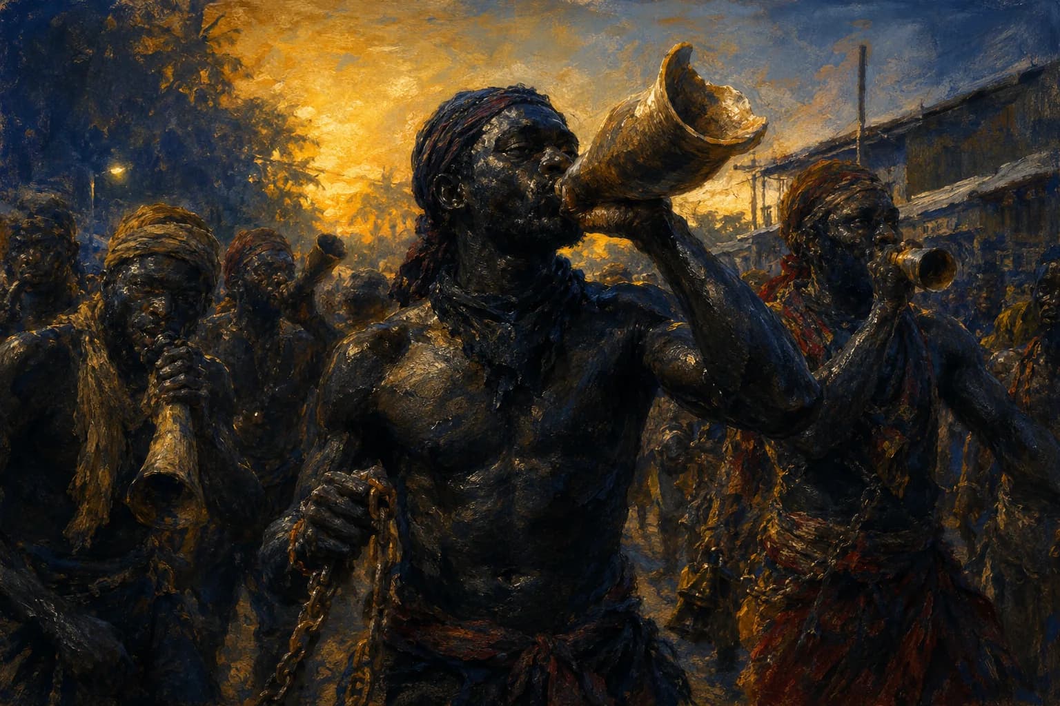 Premium photorealistic Grenada carnival editorial scene with dramatic warm light and cultural texture