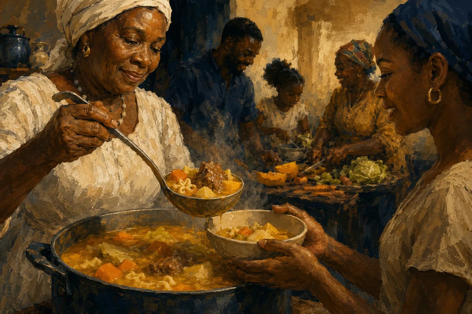 Premium photorealistic Haitian soup and family table editorial scene with warm light