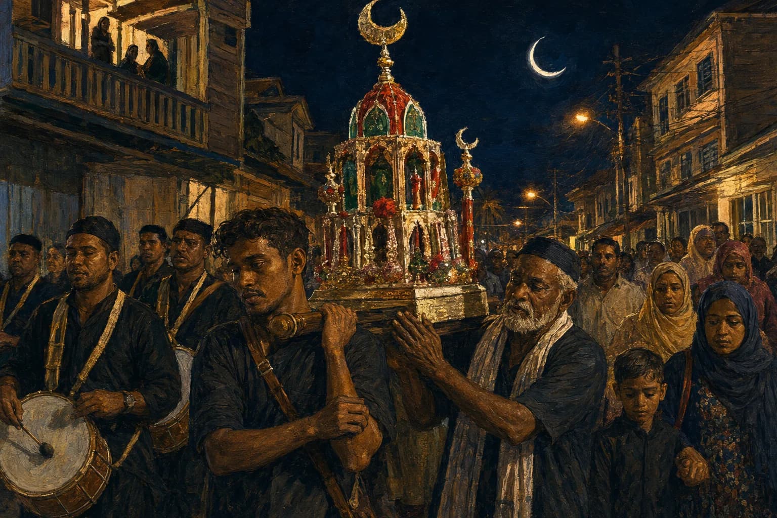 Premium photorealistic Hosay procession editorial scene with tadjah detail and warm evening light