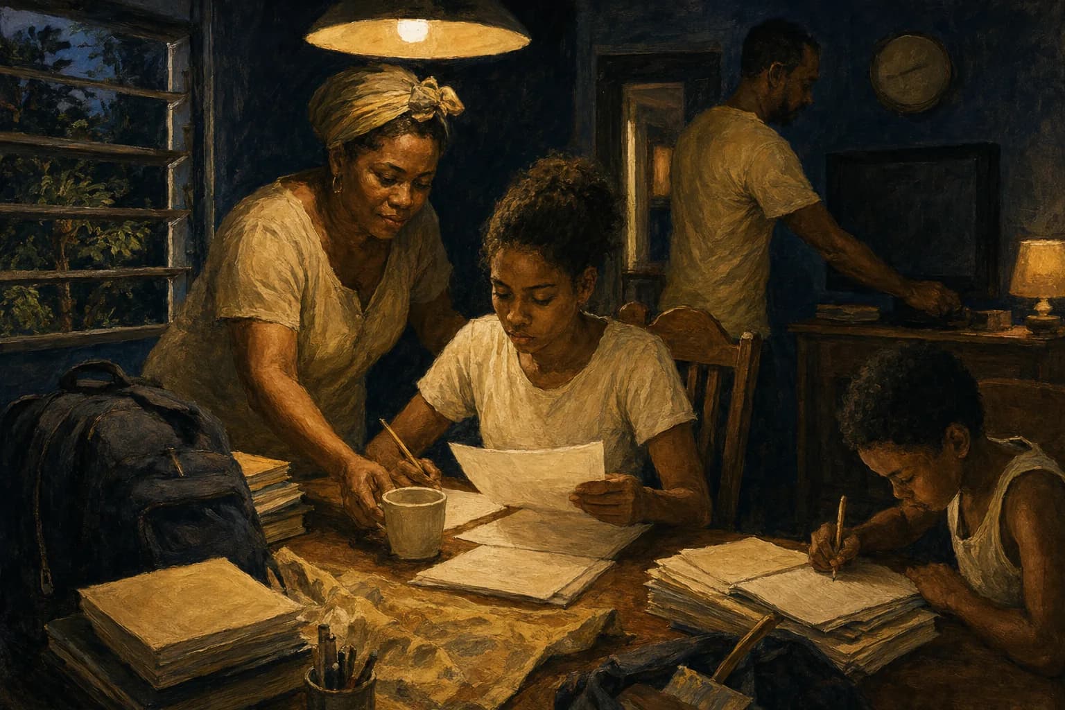 Premium photorealistic Caribbean study desk with notebooks, warm light, and household cultural detail
