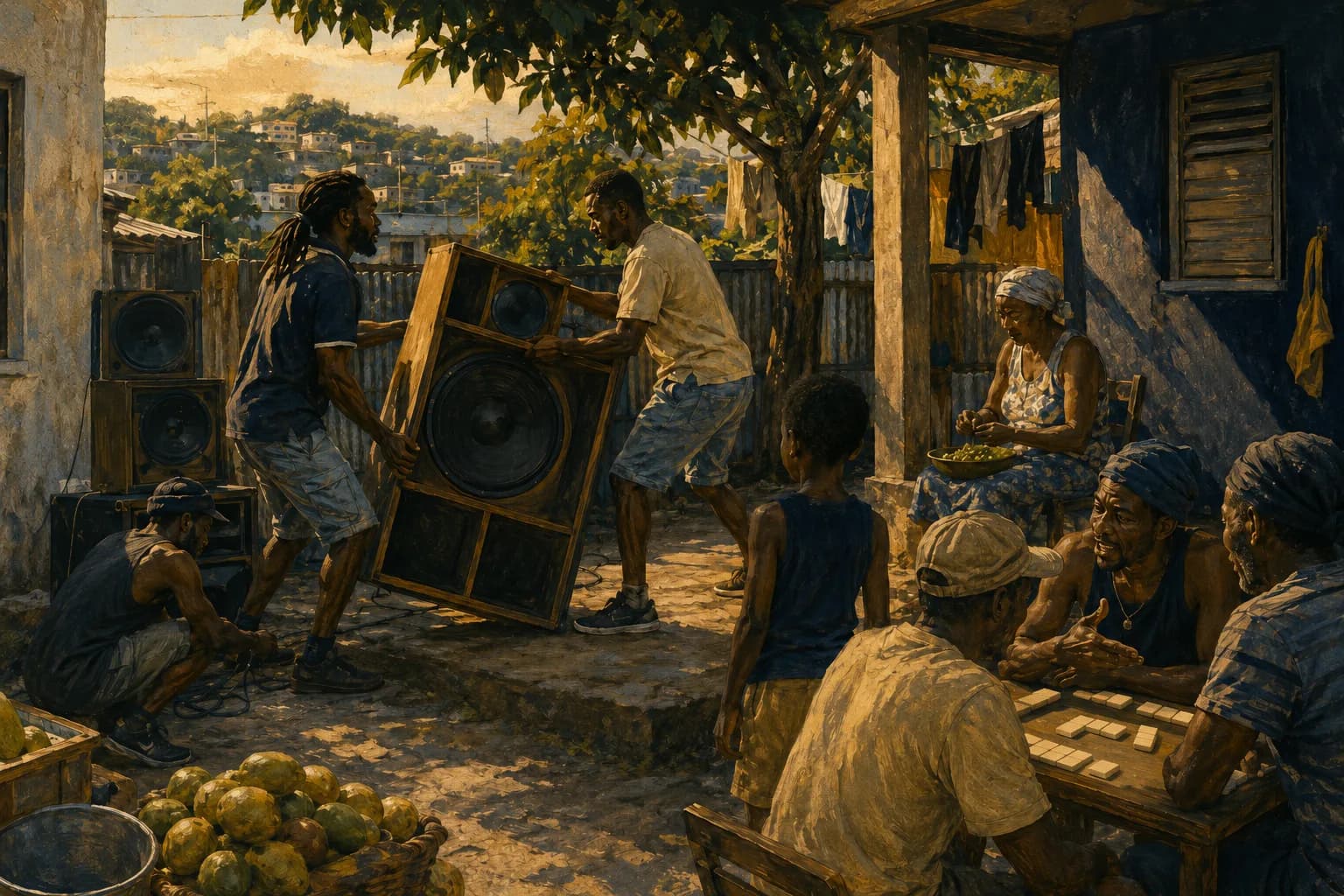Premium photorealistic Jamaica editorial scene capturing scale, sound, and warm island light