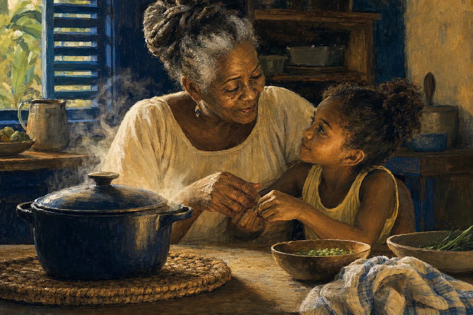 Premium photorealistic Caribbean Sunday dinner table with warm natural light and refined editorial composition