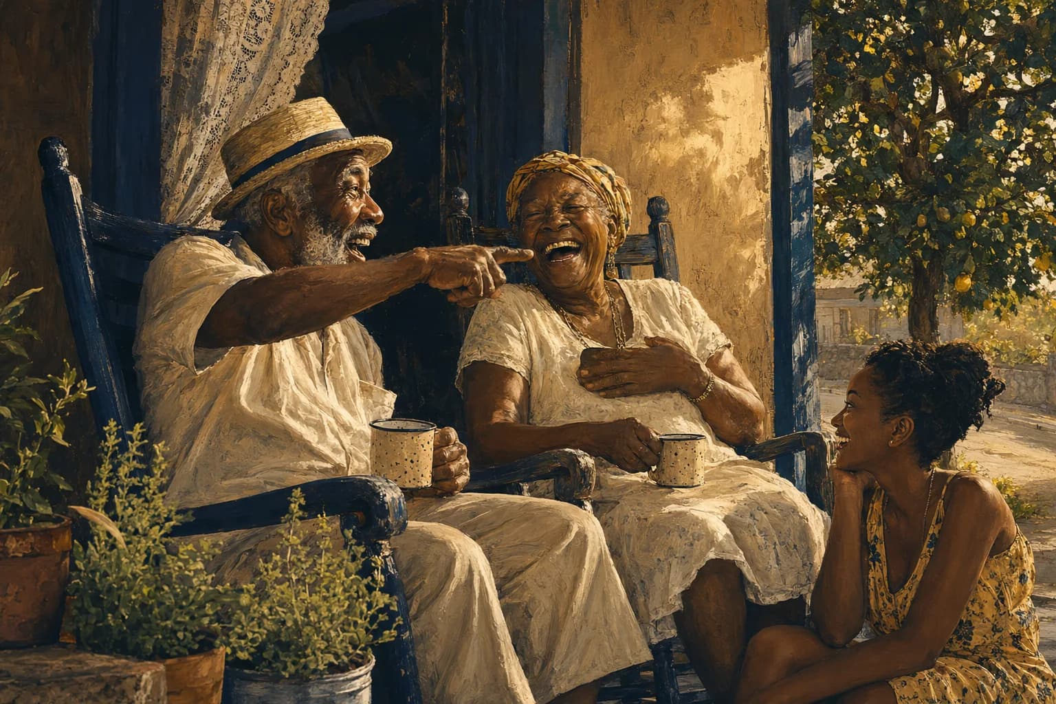 Premium photorealistic Caribbean storytelling scene with family archive and handwritten notes