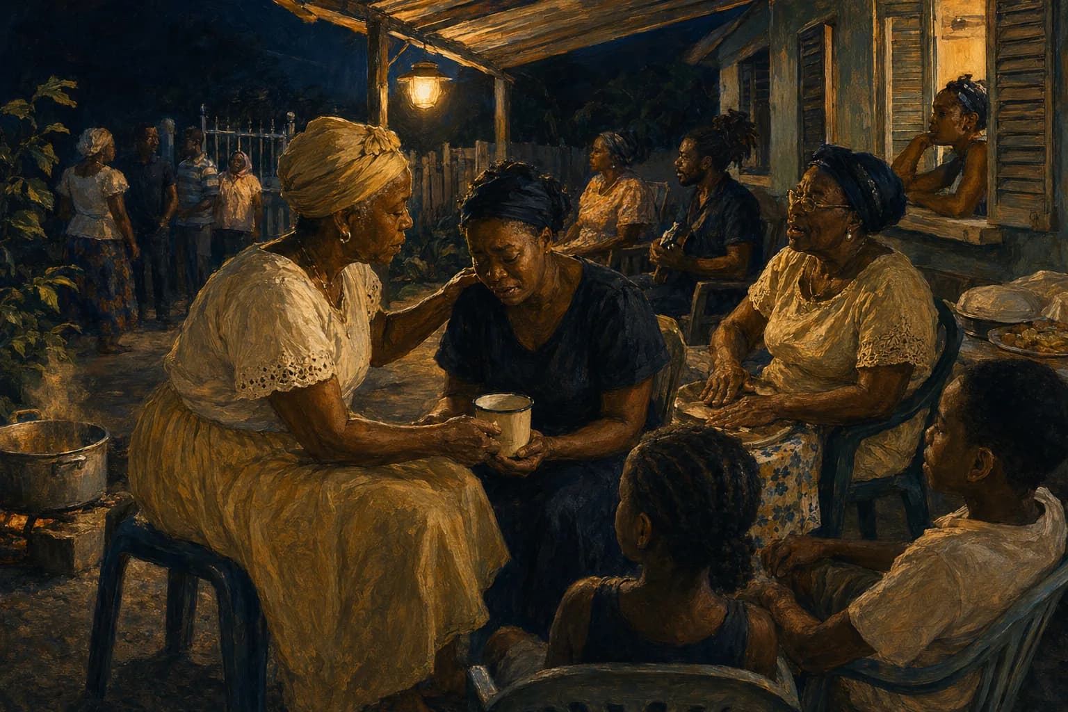 Premium photorealistic Jamaican Nine Night gathering editorial scene with candlelight and warm yard atmosphere