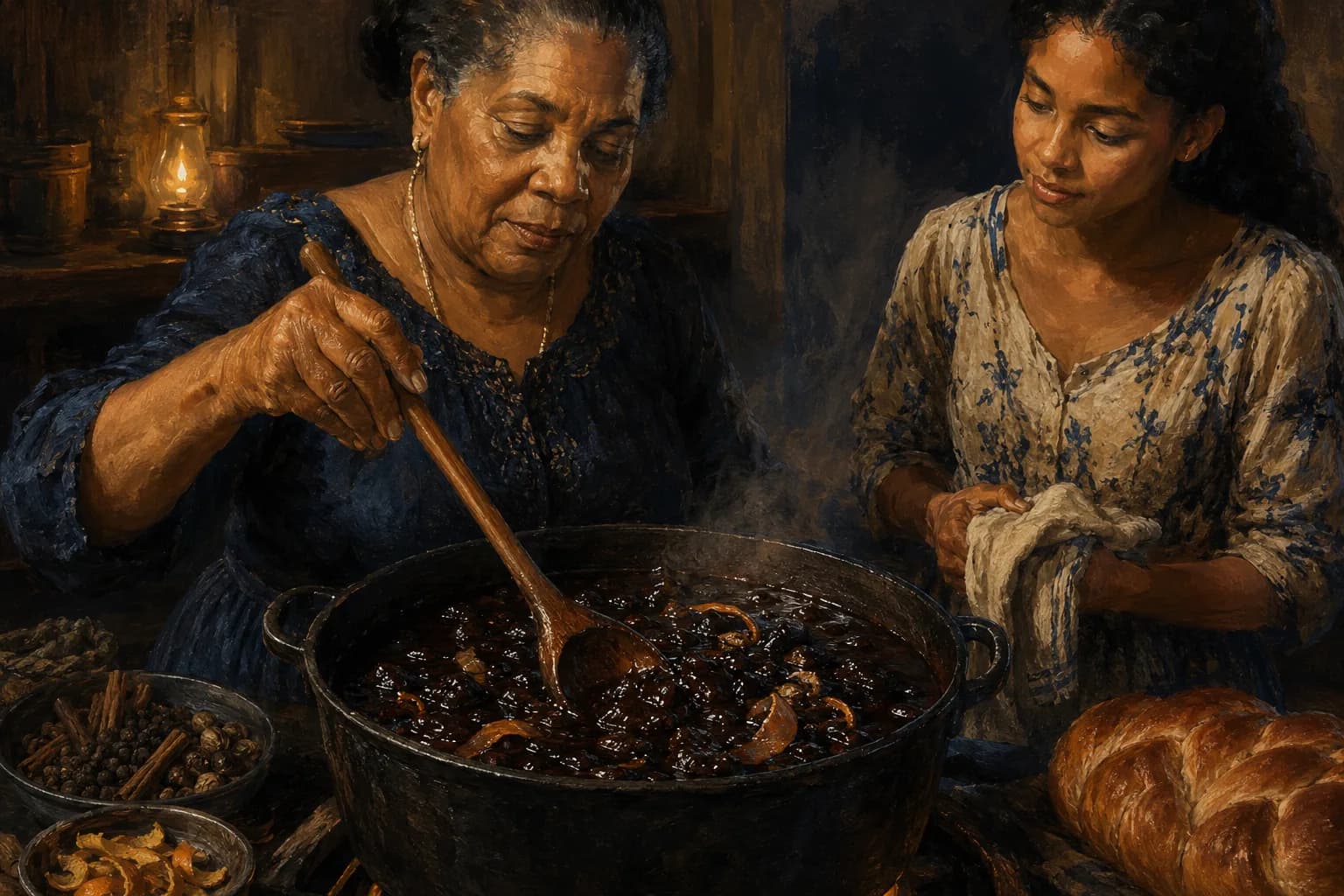 Premium photorealistic Guyanese holiday food table with warm natural light and refined detail