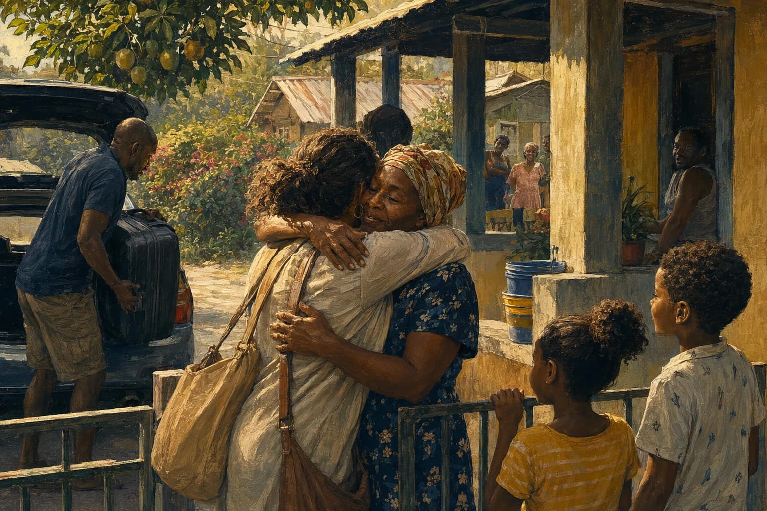 Premium photorealistic Caribbean diaspora return travel scene with family bags, warm light, and island memory