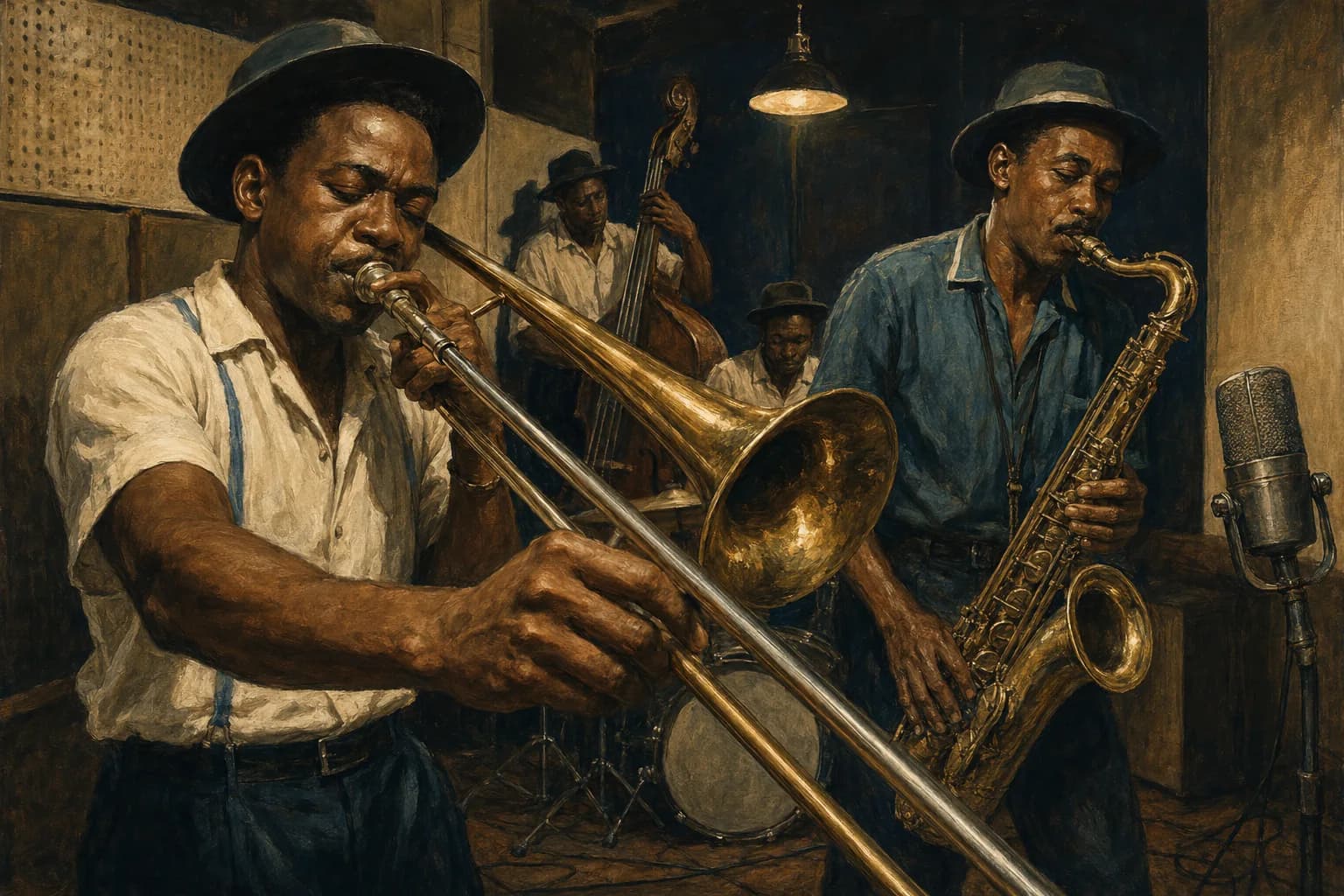 Premium photorealistic Kingston ska studio editorial scene with vintage instruments and warm light