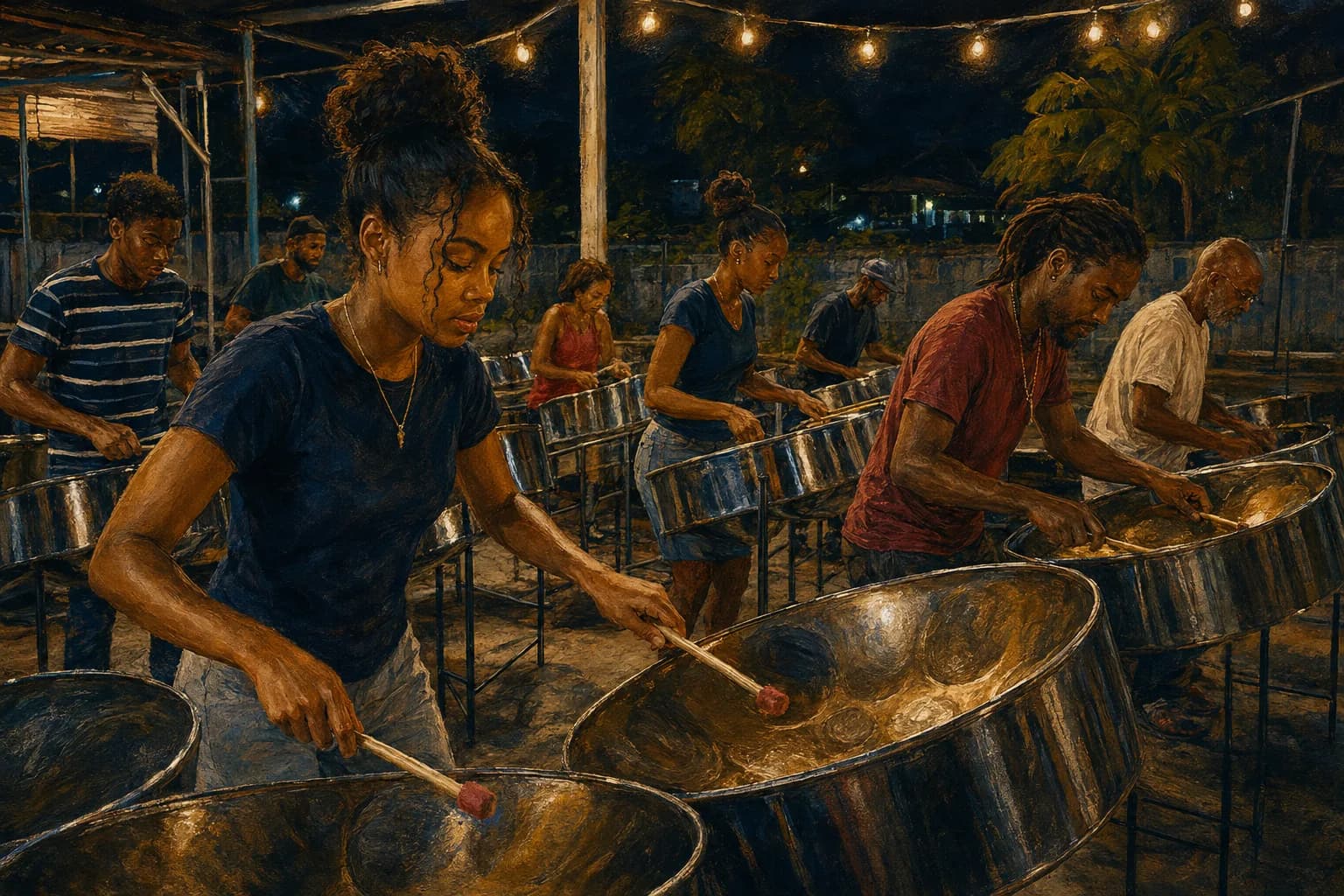 Premium photorealistic steelpan rehearsal editorial scene with warm Caribbean evening light