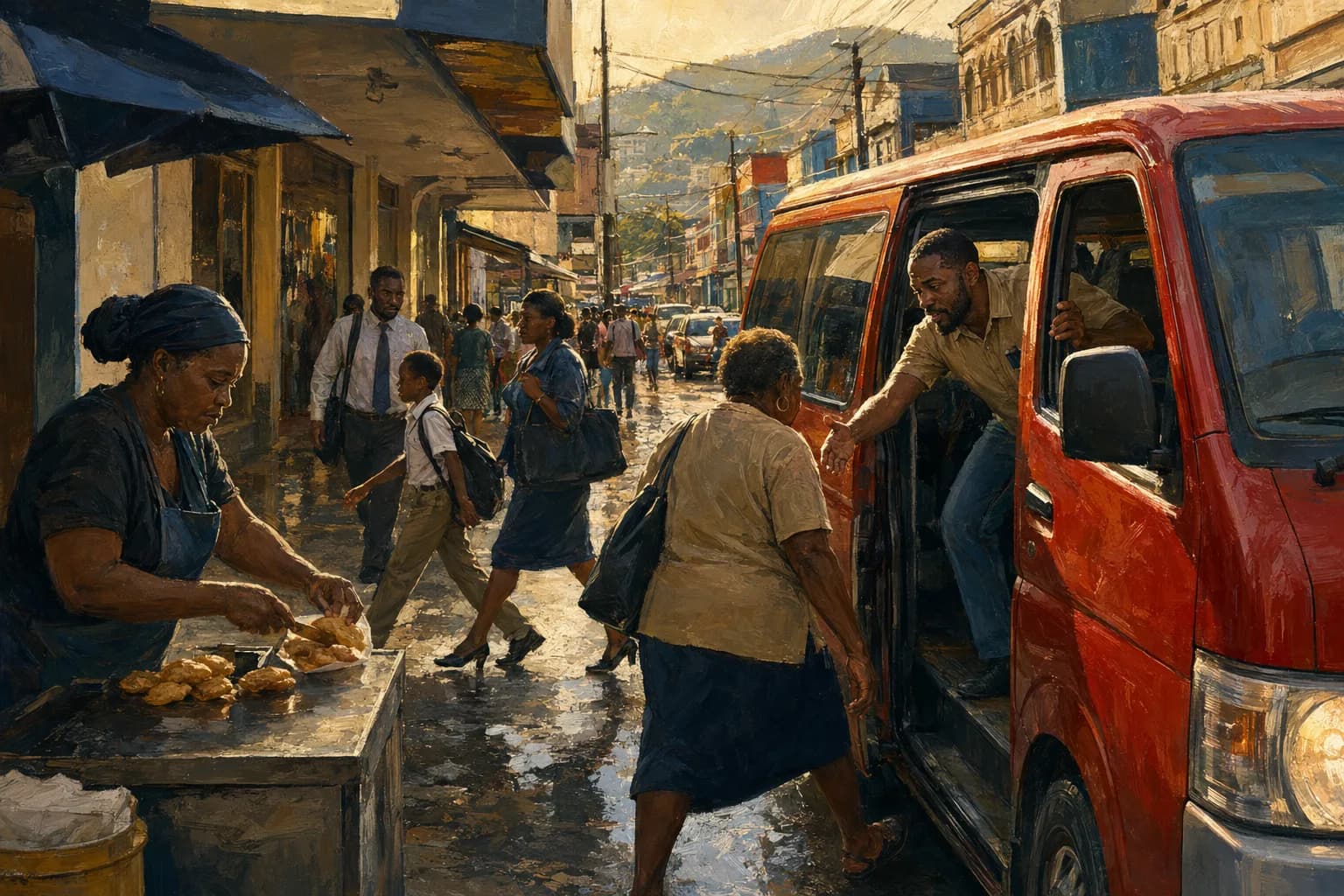 Premium photorealistic Trinidad editorial scene capturing convergence, motion, and warm island light