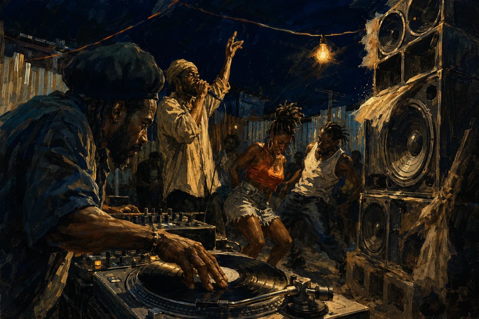 Premium photorealistic Caribbean music editorial scene with warm gold light, rhythm, and sound system atmosphere